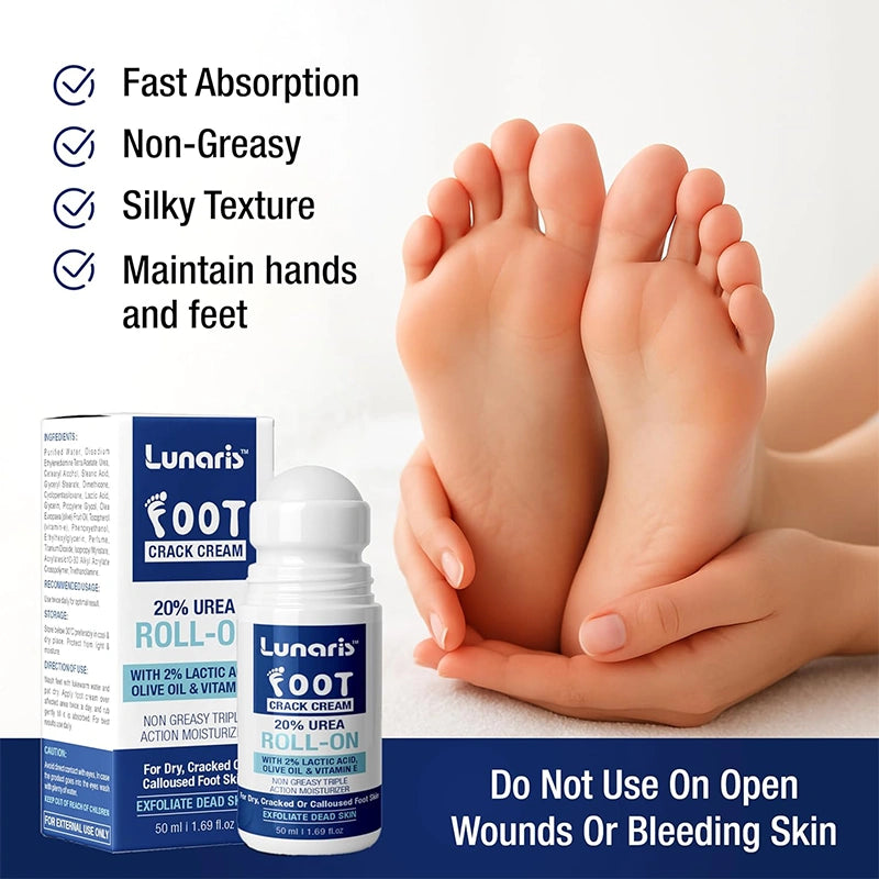 Lunaris 20% Urea Foot Cream Roll On - 50ml | For Dry, Cracked Or Calloused Foot Skin Repair | With 2% Lactic Acid, Olive Oil & Vitamin E | Helps Moisturise & Exfoliates Dead Skin | Non Greasy