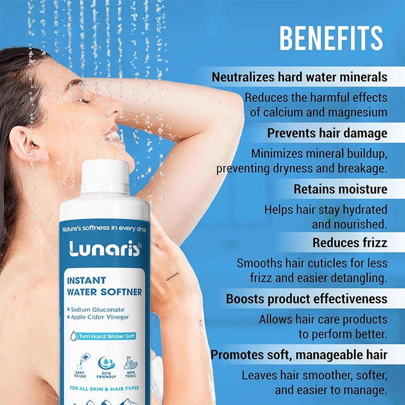 Lunaris Water Softner | Instant Hard Water Softening Agent | Reduces Hair Fall & Skin Itching | Disables Hardness of Calcium & Magnesium | Maintains pH Level | Non Toxic & Hair & Skin Friendly | 400ml