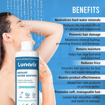 Lunaris Water Softner | Instant Hard Water Softening Agent | Reduces Hair Fall & Skin Itching | Disables Hardness of Calcium & Magnesium | Maintains pH Level | Non Toxic & Hair & Skin Friendly | 400ml
