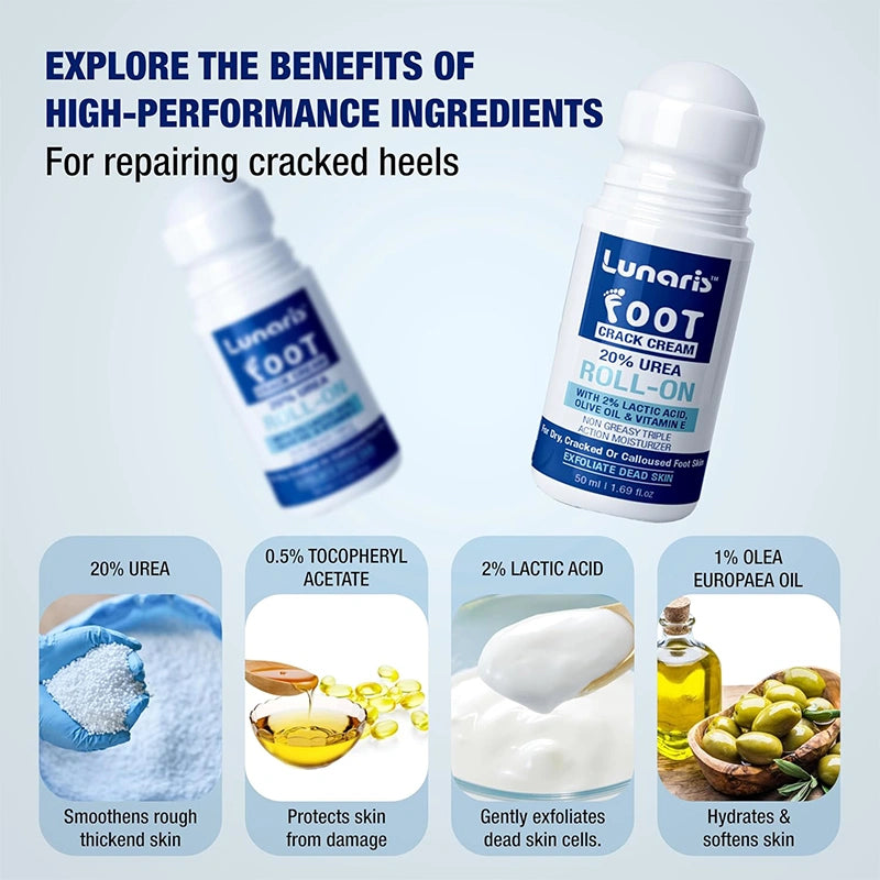 Lunaris 20% Urea Foot Cream Roll On - 50ml | For Dry, Cracked Or Calloused Foot Skin Repair | With 2% Lactic Acid, Olive Oil & Vitamin E | Helps Moisturise & Exfoliates Dead Skin | Non Greasy