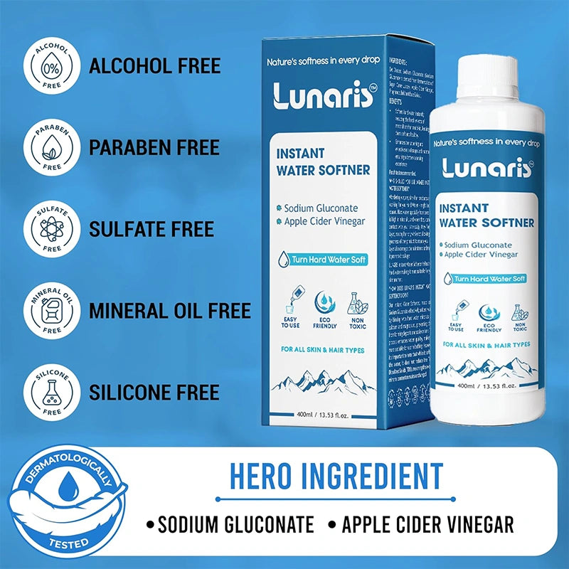 Lunaris Water Softner | Instant Hard Water Softening Agent | Reduces Hair Fall & Skin Itching | Disables Hardness of Calcium & Magnesium | Maintains pH Level | Non Toxic & Hair & Skin Friendly | 400ml