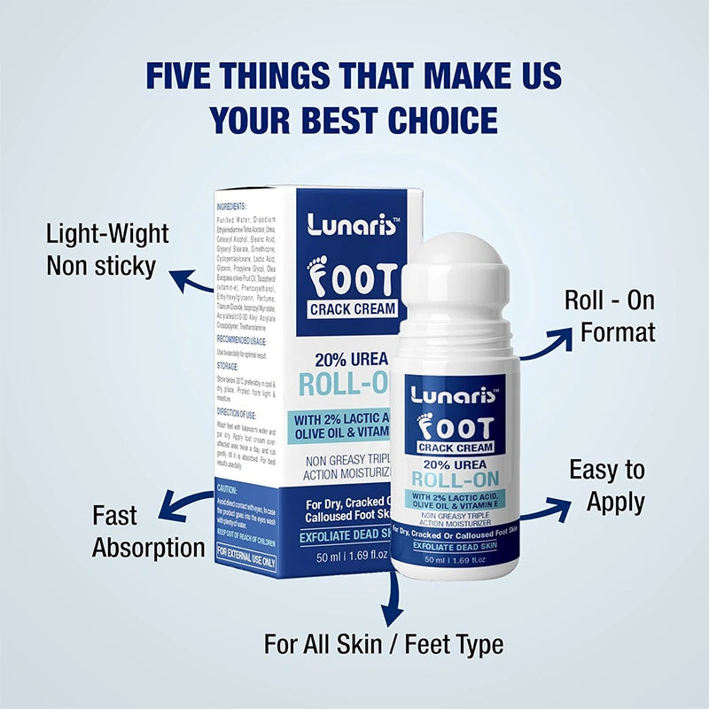 Lunaris 20% Urea Foot Cream Roll On - 50ml | For Dry, Cracked Or Calloused Foot Skin Repair | With 2% Lactic Acid, Olive Oil & Vitamin E | Helps Moisturise & Exfoliates Dead Skin | Non Greasy