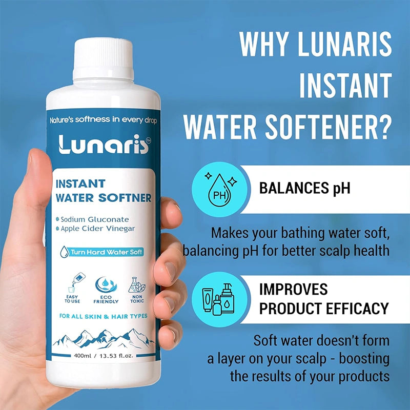 Lunaris Water Softner | Instant Hard Water Softening Agent | Reduces Hair Fall & Skin Itching | Disables Hardness of Calcium & Magnesium | Maintains pH Level | Non Toxic & Hair & Skin Friendly | 400ml