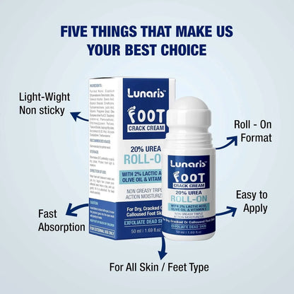 Lunaris 20% Urea Foot Cream Roll On - 50ml | For Dry, Cracked Or Calloused Foot Skin Repair | With 2% Lactic Acid, Olive Oil & Vitamin E | Helps Moisturise & Exfoliates Dead Skin | Non Greasy