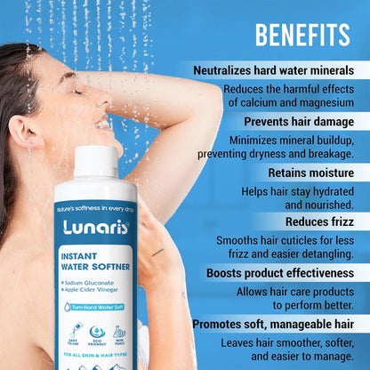 Lunaris Water Softner | Instant Hard Water Softening Agent | Reduces Hair Fall & Skin Itching | Disables Hardness of Calcium & Magnesium | Maintains pH Level | Non Toxic & Hair & Skin Friendly | 400ml