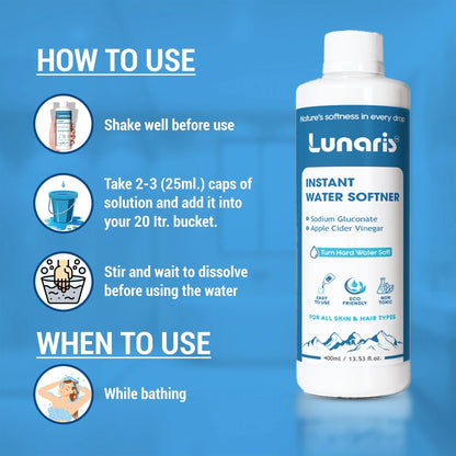 Lunaris Water Softner | Instant Hard Water Softening Agent | Reduces Hair Fall & Skin Itching | Disables Hardness of Calcium & Magnesium | Maintains pH Level | Non Toxic & Hair & Skin Friendly | 400ml